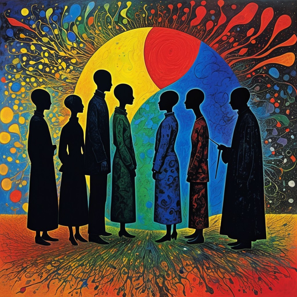 Silhouetted Figures Against Vibrant Abstract Background