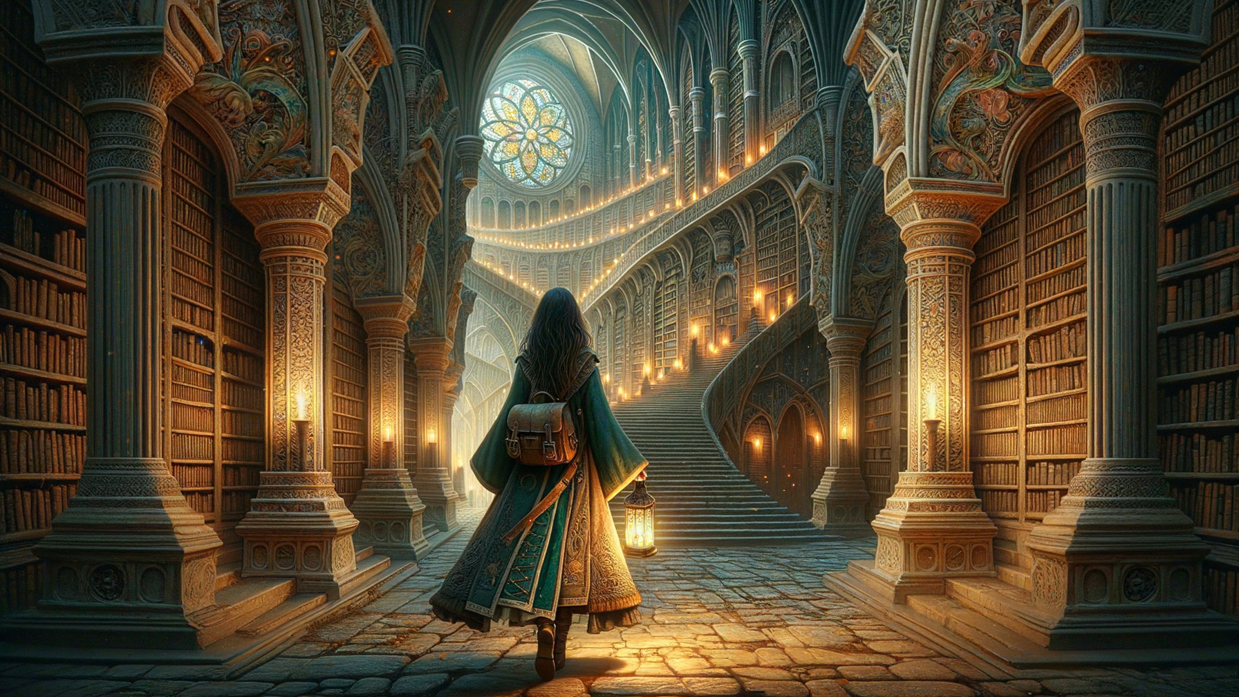 Cloaked Figure in Enchanted Library with Stained Glass
