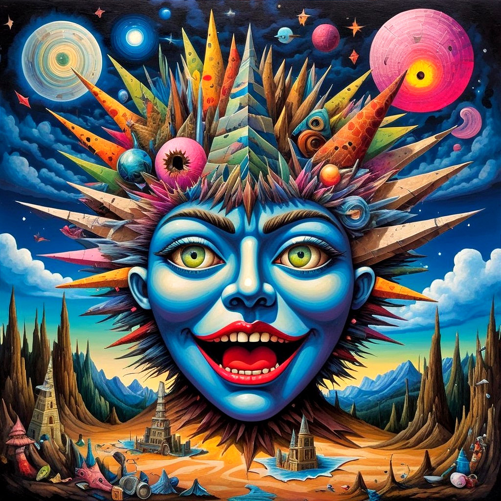 Surreal Face with Blue Skin in a Dreamlike Landscape