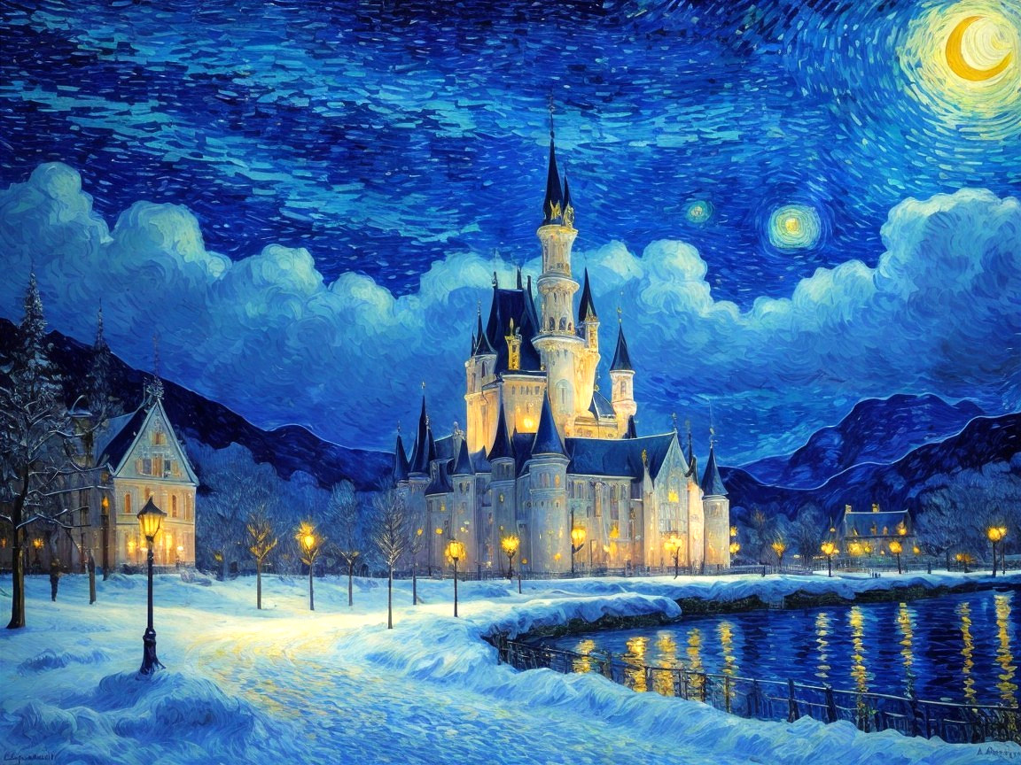 Whimsical Castle Under Starlit Winter Sky