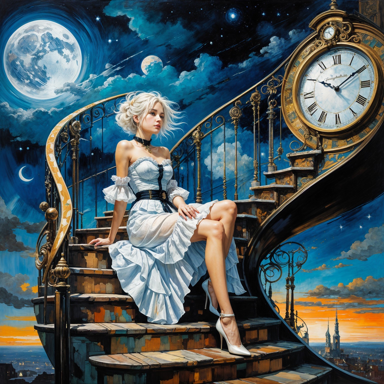Young Woman on Spiral Staircase Under Night Sky