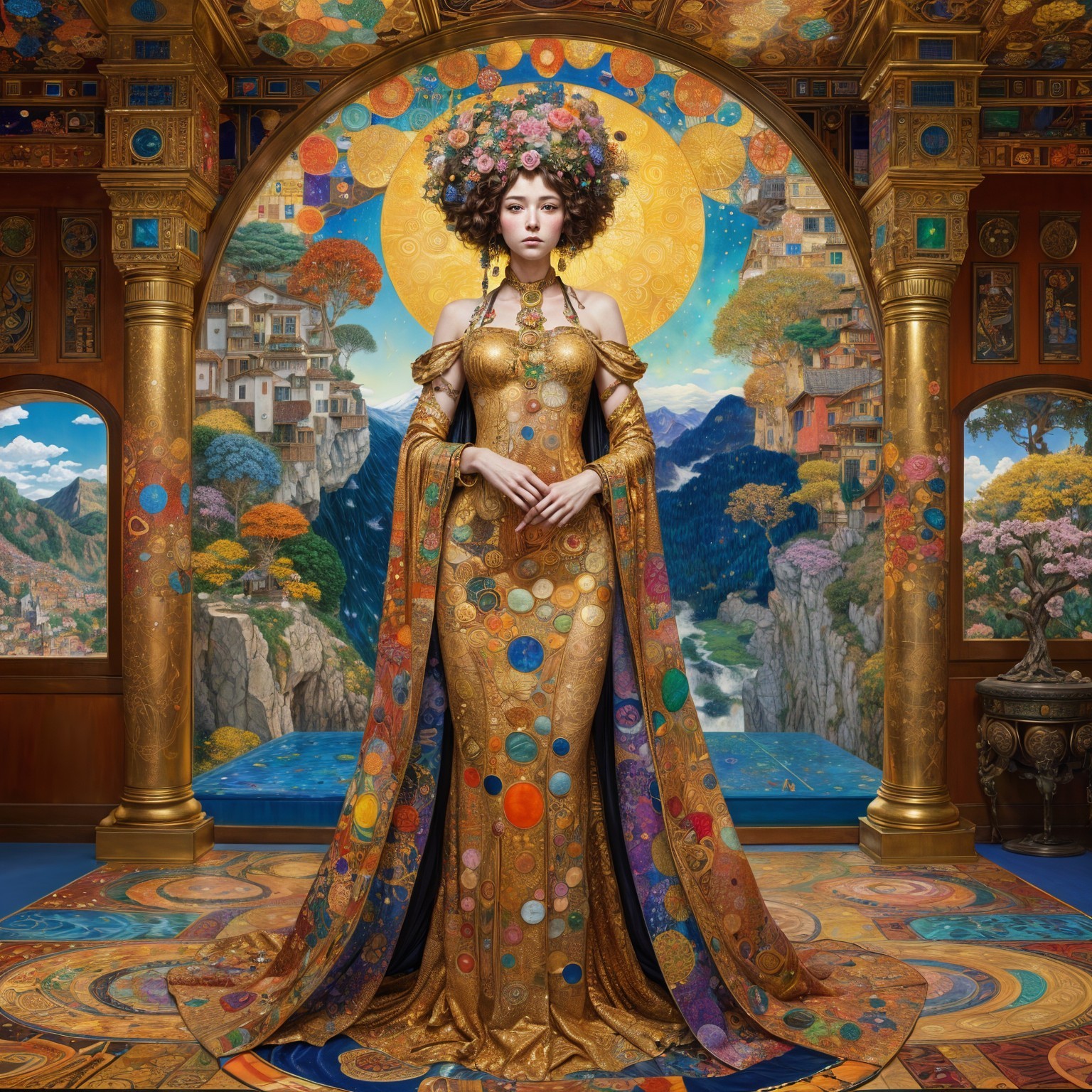 Regal Figure in Ornate Golden Gown in Lavish Room