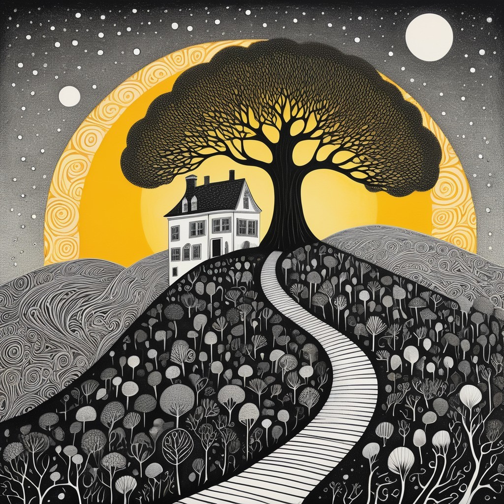 Whimsical Landscape with Charming House and Bold Sun