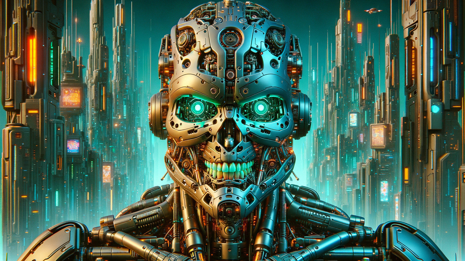 Futuristic Robotic Skull in Dystopian Cityscape