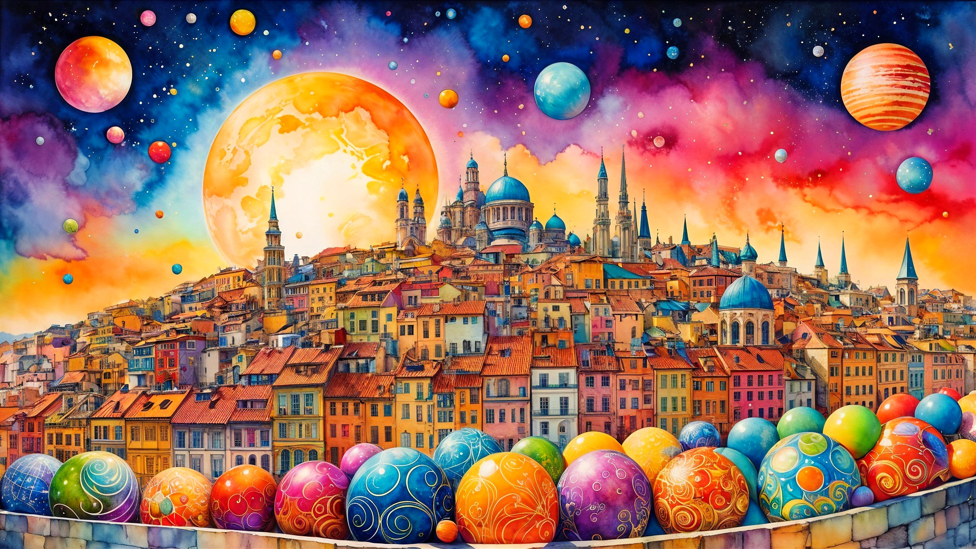 Surreal landscape with colorful skyline and Easter eggs