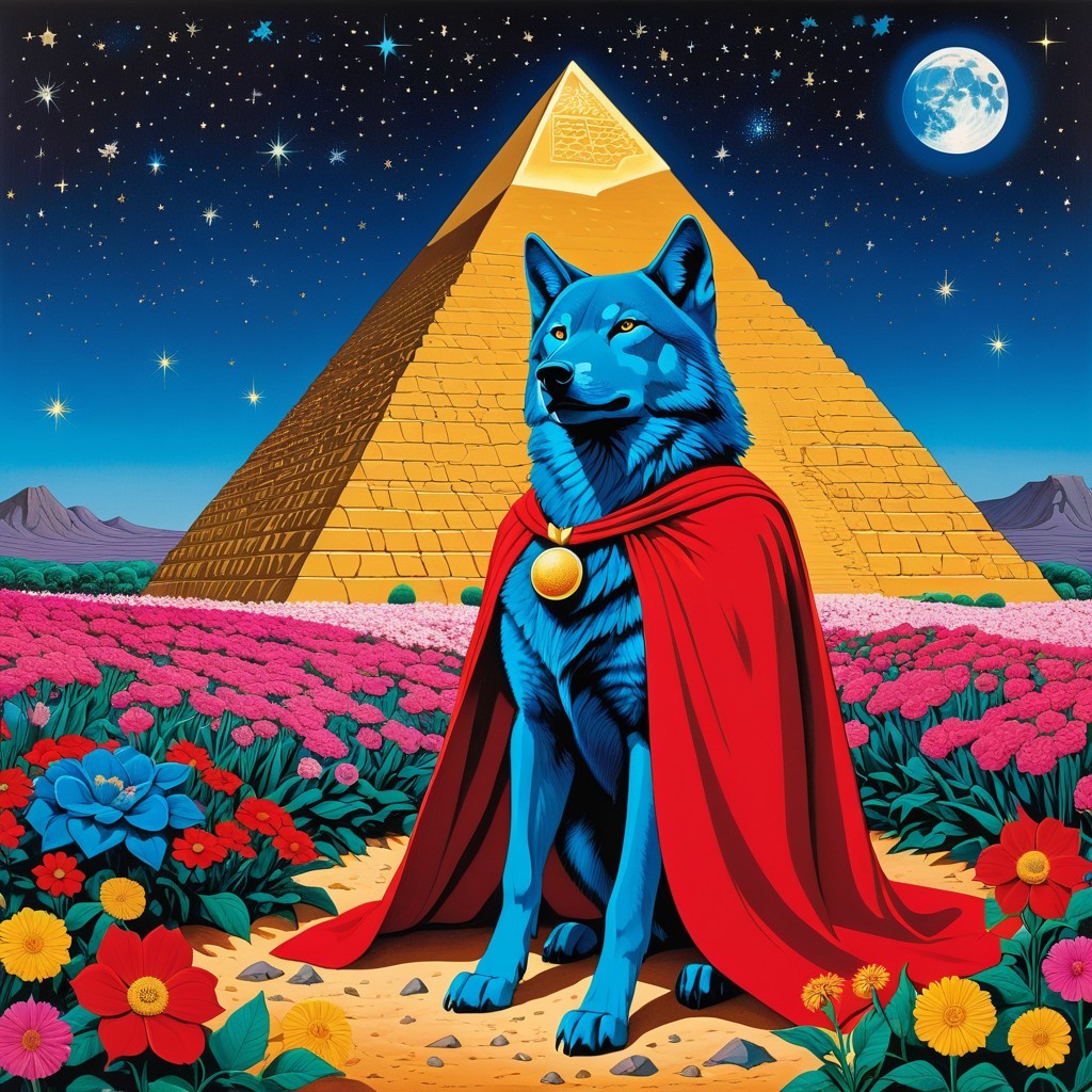 Surreal Landscape Featuring Blue Wolf and Golden Pyramid