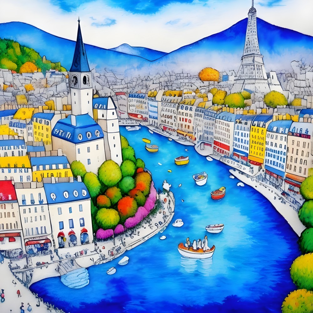 Riverside Town with Colorful Buildings and Eiffel Tower