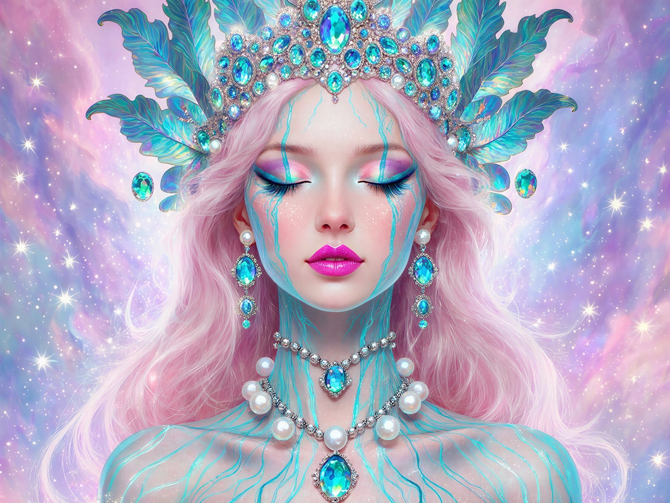 Ethereal Woman with Blue Gemstone Accessories and Crown