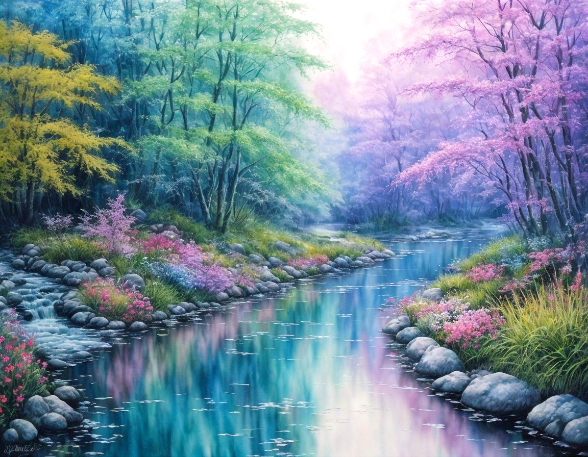 Serene River Landscape with Colorful Trees and Flowers