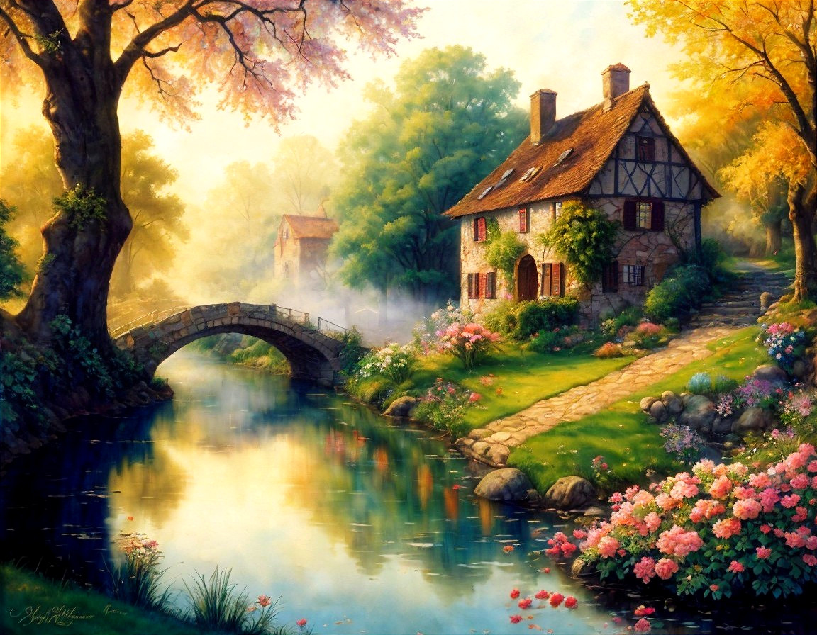 Serene Countryside Scene with Cottage and Bridge