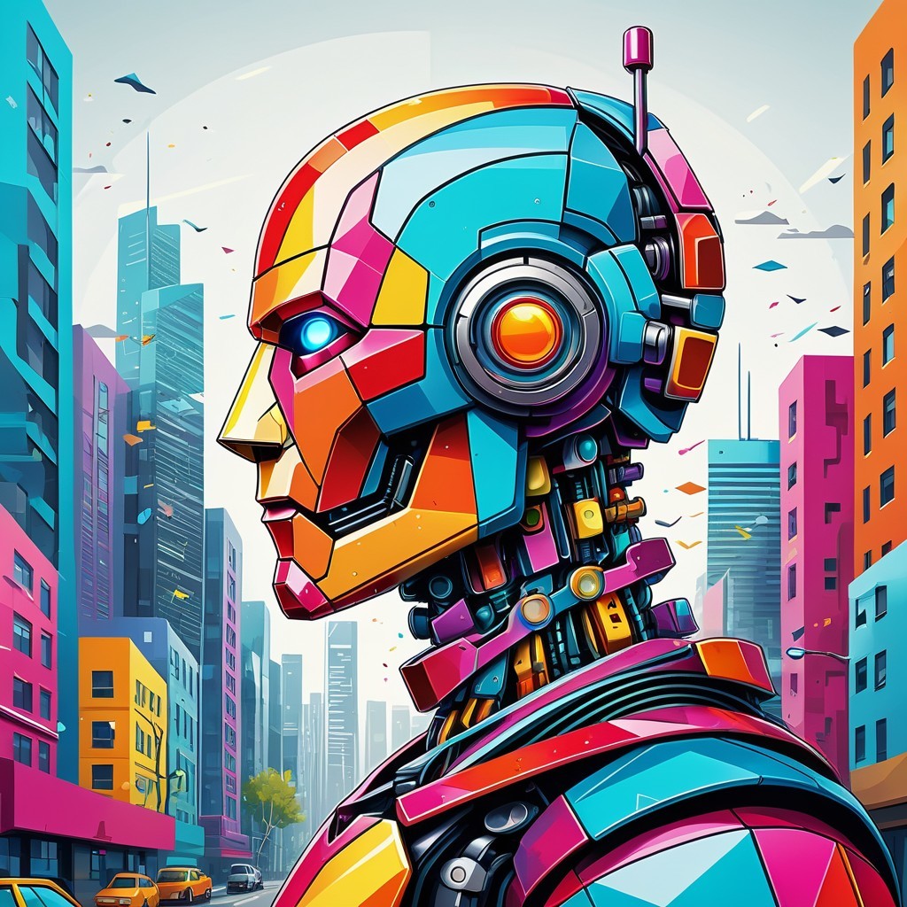 Vibrant Robot in Futuristic Cityscape with Geometric Shapes