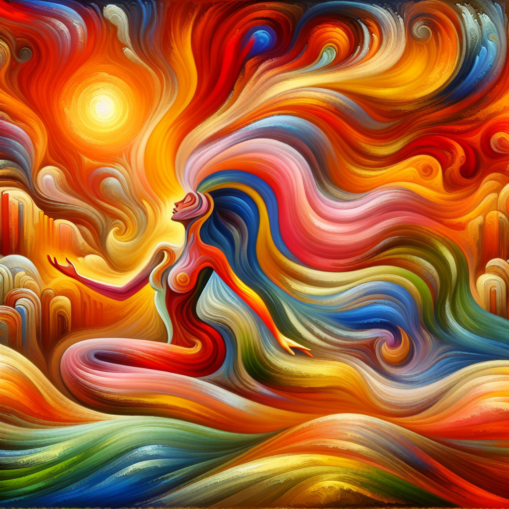 Abstract Artwork of a Woman Surrounded by Color Waves