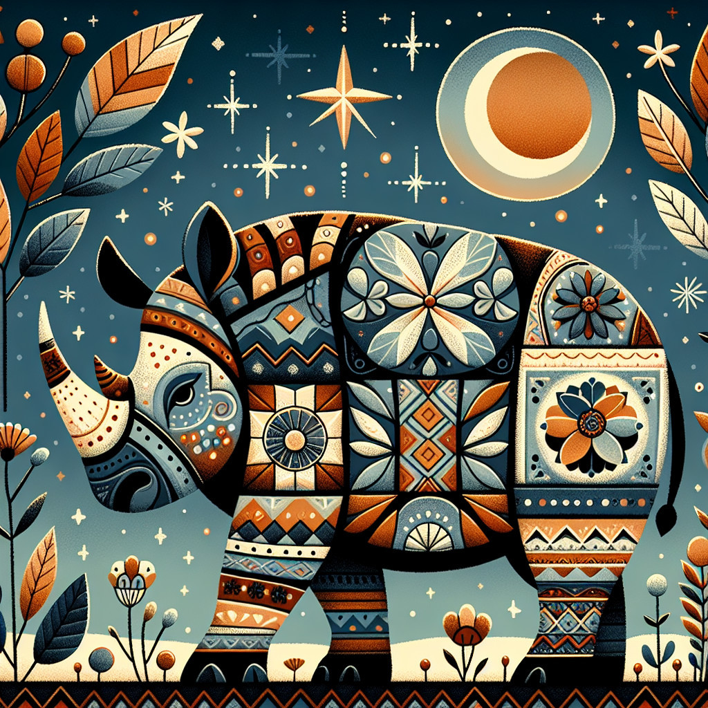 Stylized rhinoceros with vibrant patterns and foliage