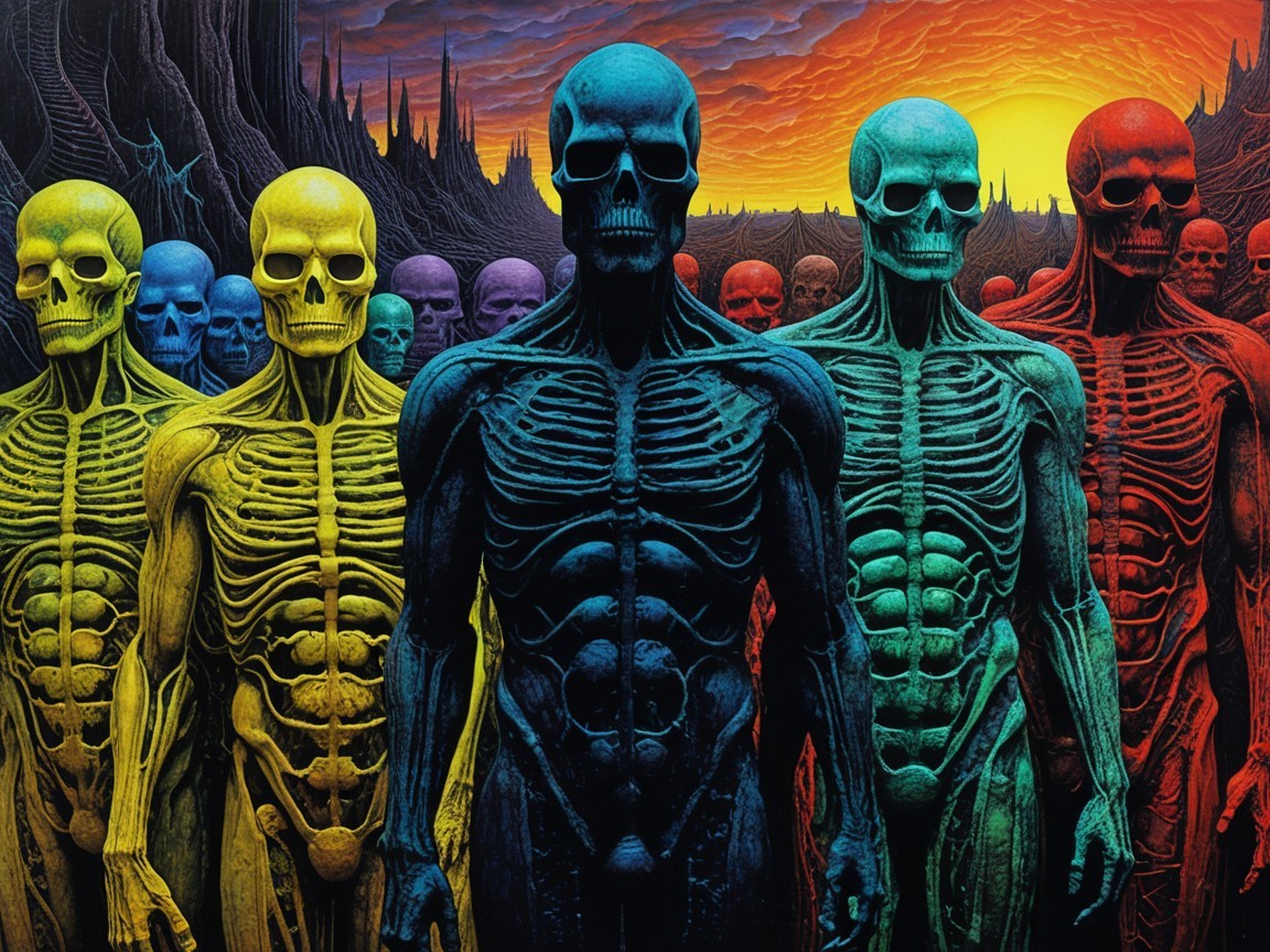 Vibrant Colored Skeletons in Surreal Landscape