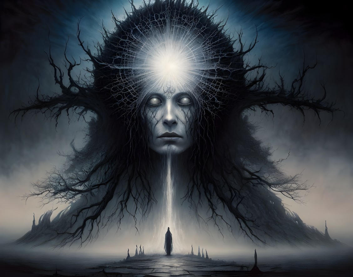 Surreal Dark Landscape with Ethereal Face and Figure