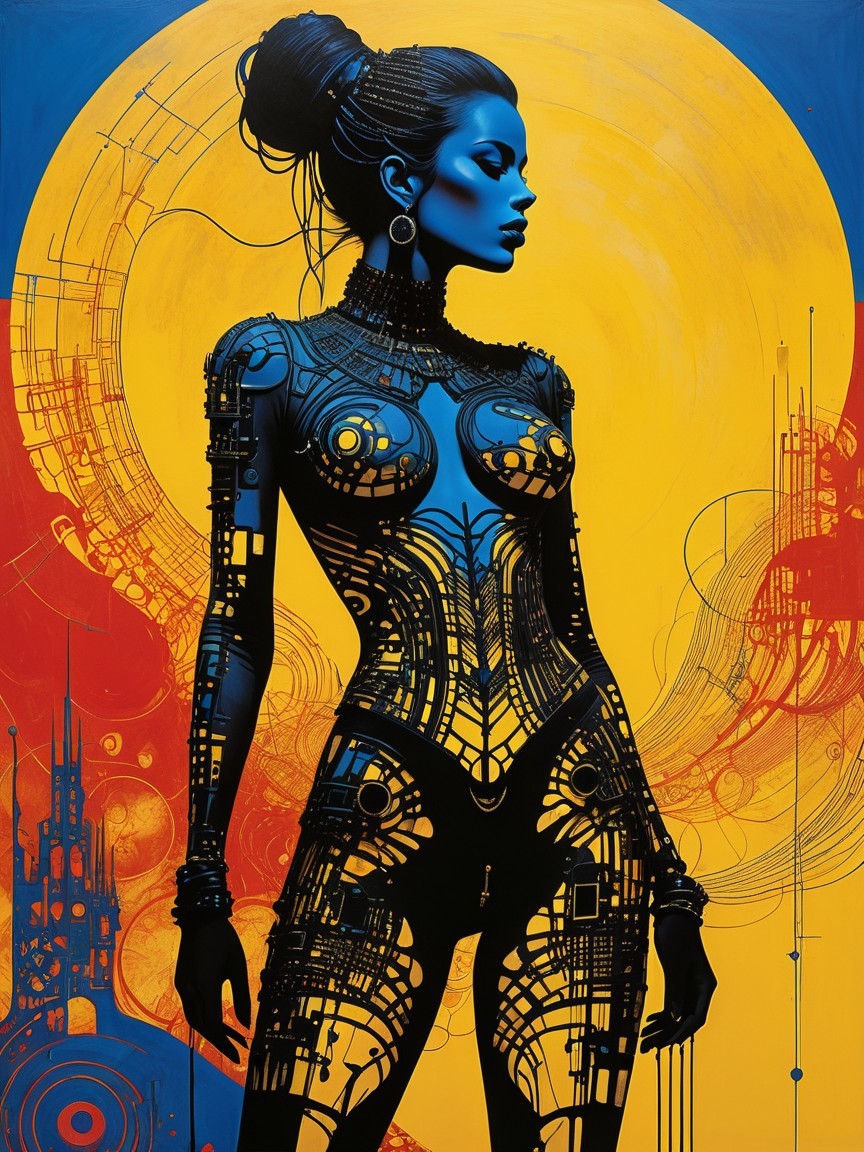 Silhouette of Woman with Circuit Patterns in Vibrant Colors