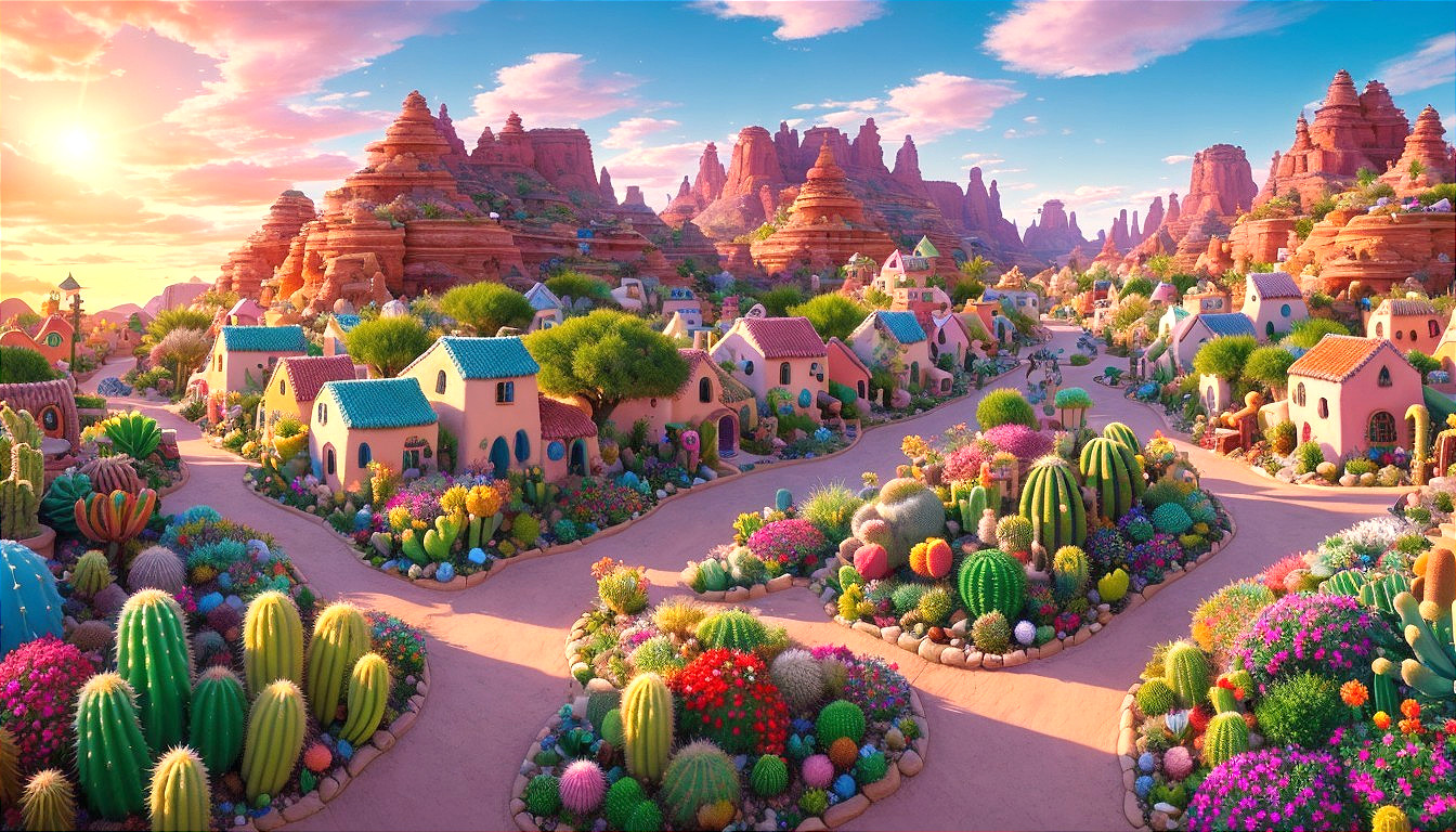 Vibrant Desert Landscape with Colorful Houses and Gardens