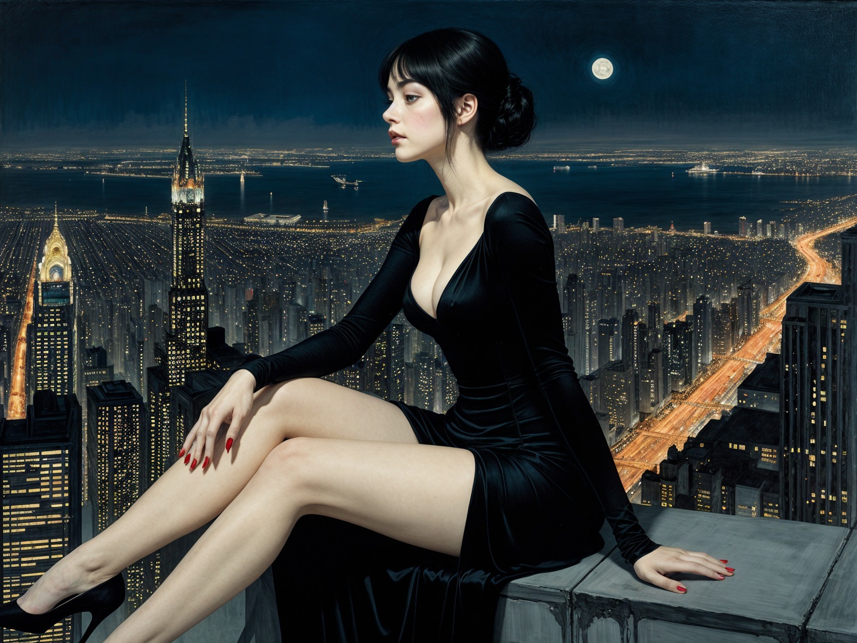 Elegant Woman in Black Dress Overlooking City Lights