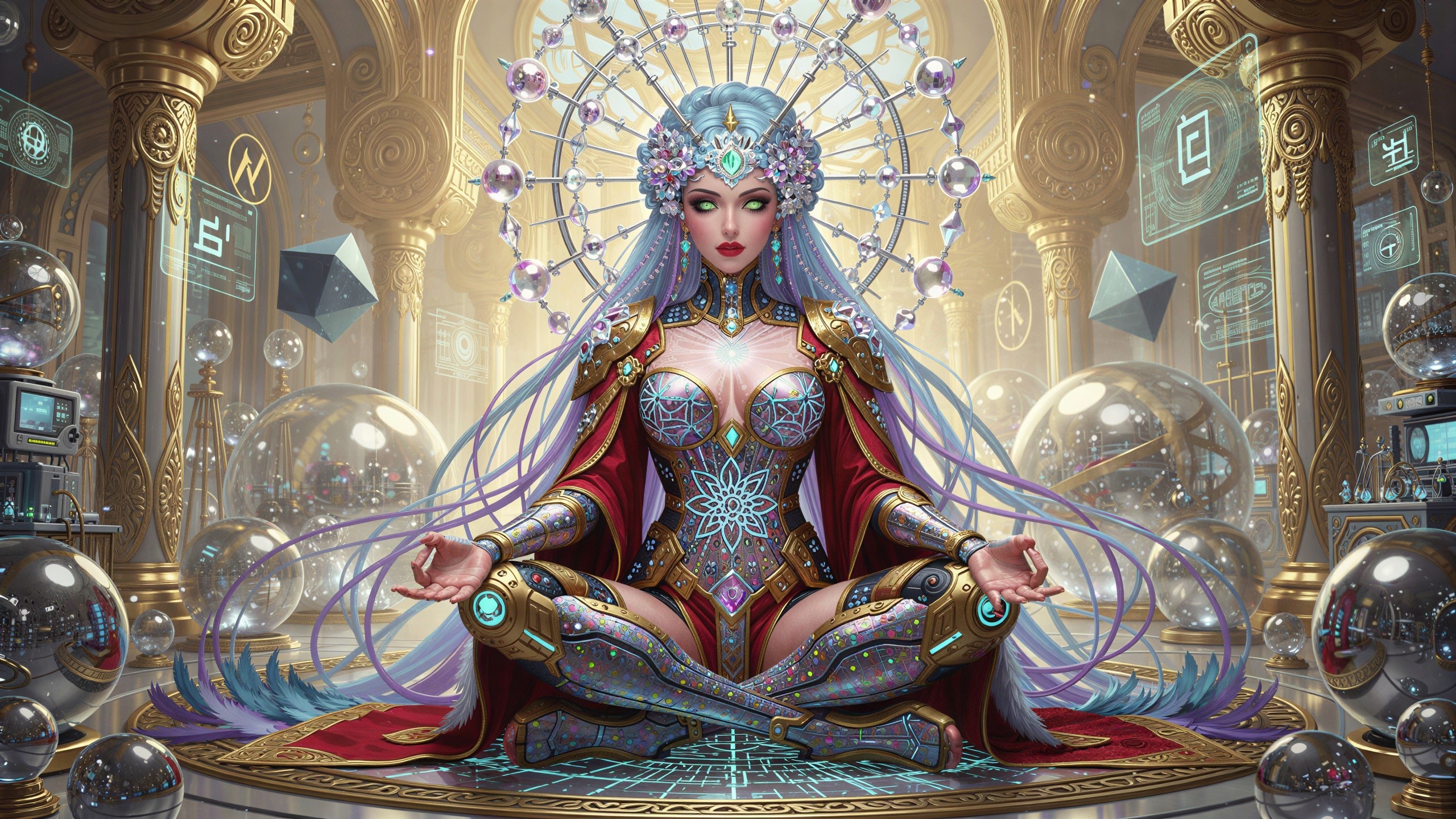 Mystical goddess in ornate silver armor meditating