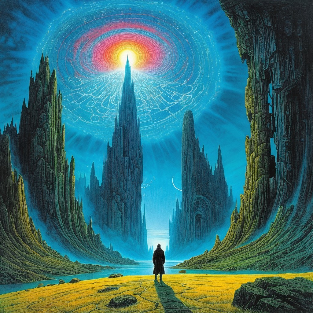 Surreal Landscape with Spires and Luminous Sky