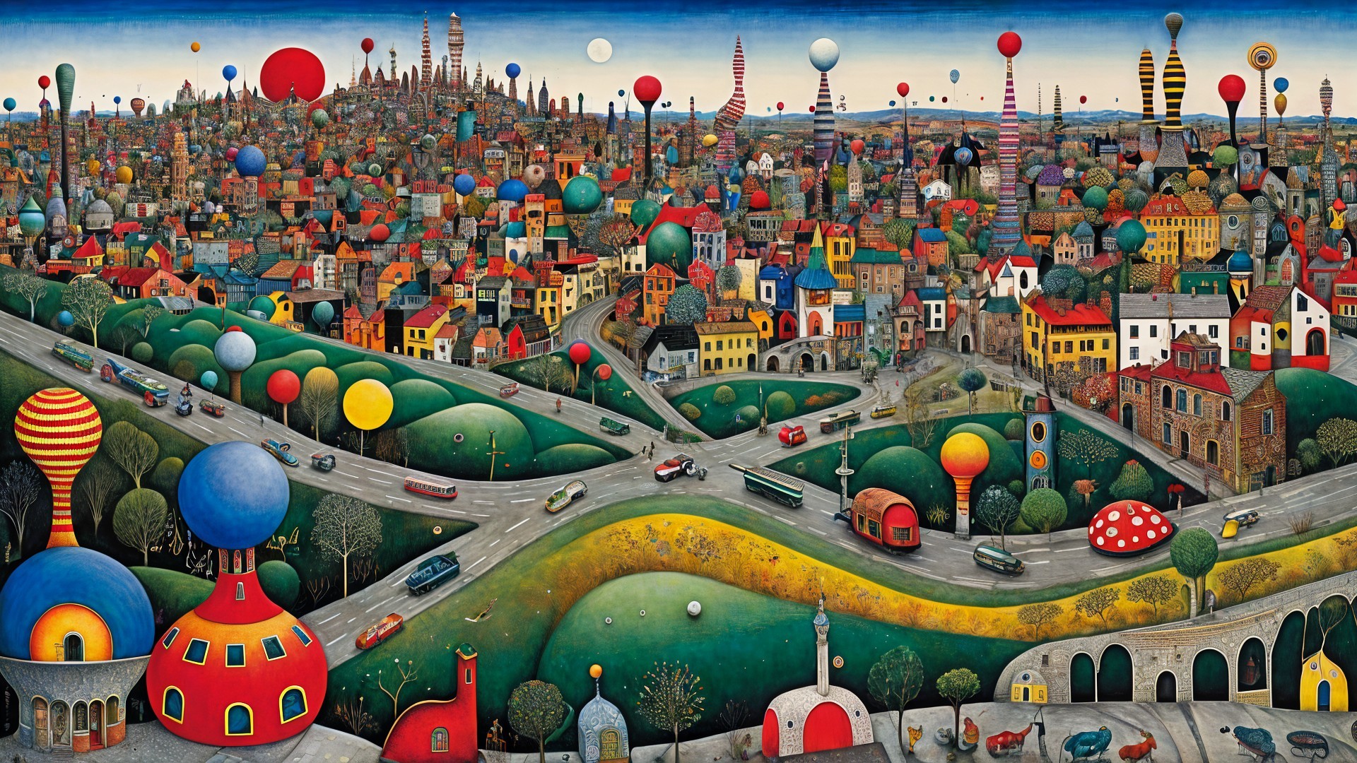 Vibrant Cityscape with Colorful Buildings and Balloons