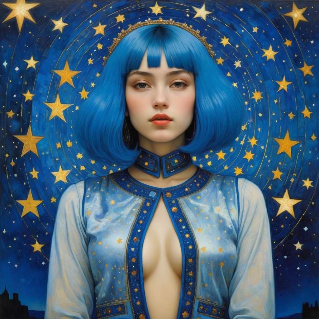 Portrait of a Young Woman with Blue Hair and Stars