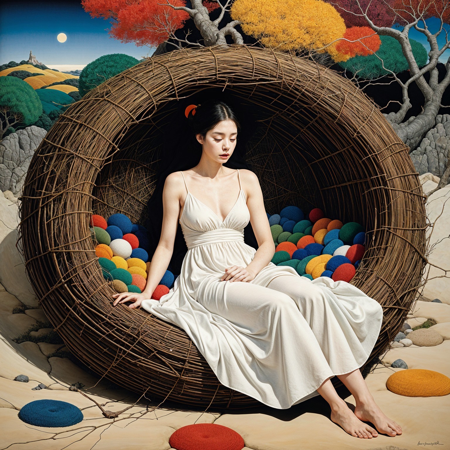 Serene Woman in White Dress Surrounded by Colorful Balls
