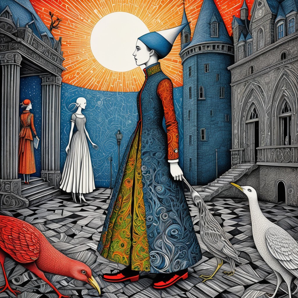 Whimsical Figure in Colorful Gown in Surreal Landscape