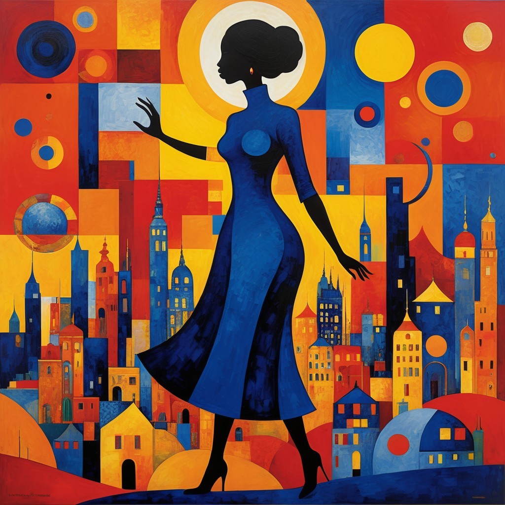 Abstract Composition with Woman in Blue Dress and Cityscape