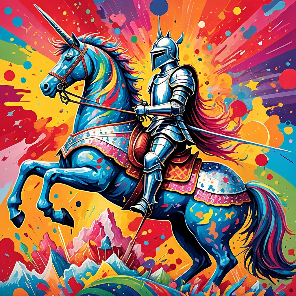 Vibrant Illustration of a Blue Unicorn and Knight