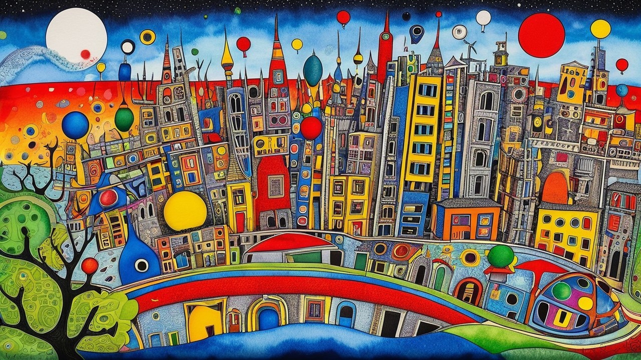 Vibrant Cityscape with Whimsical Buildings and Balloons
