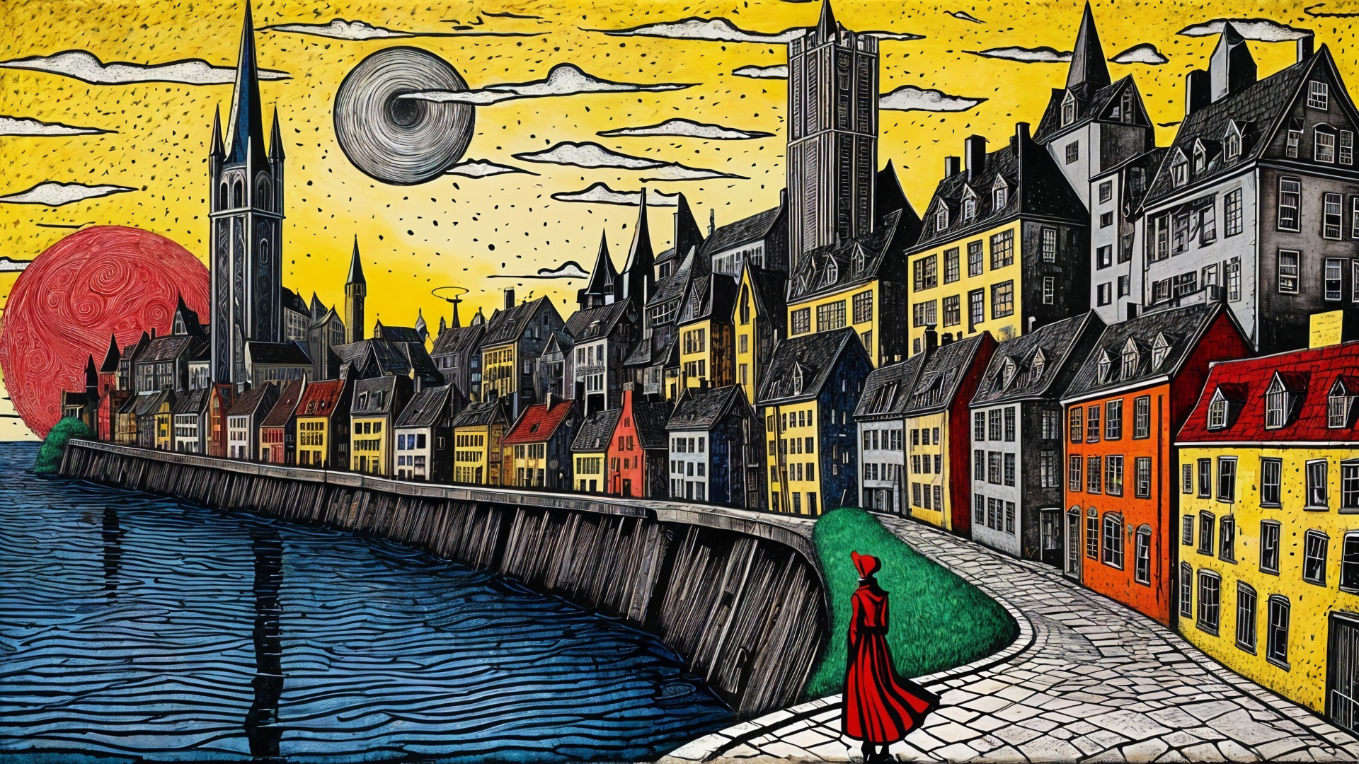 Vibrant Cityscape with Surreal Sun and Whimsical Elements