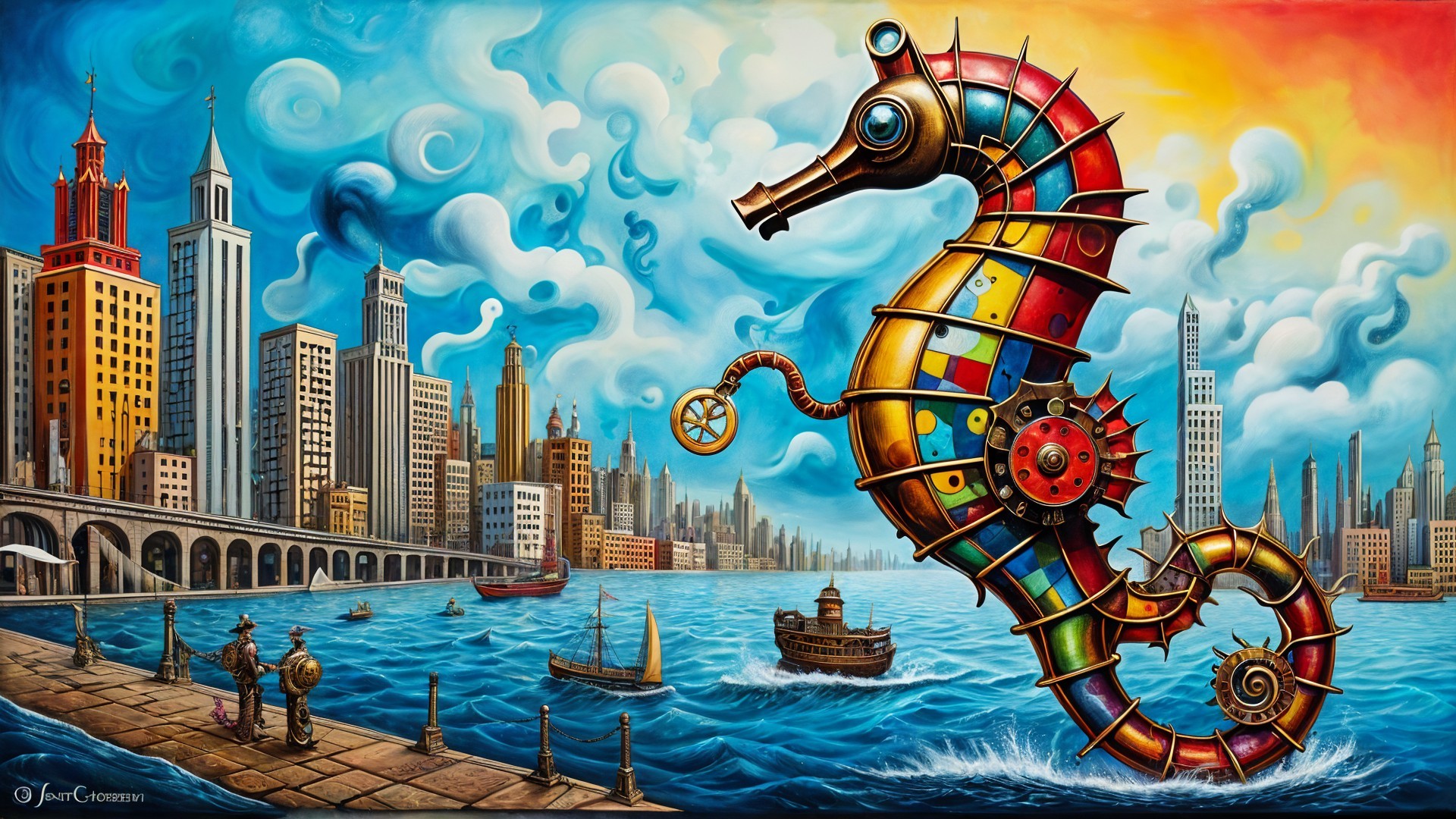 Surreal Steampunk Seahorse in Urban Harbor Scene