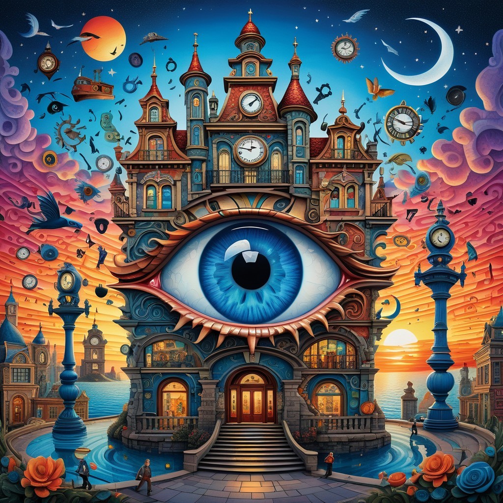 Whimsical Clock Tower with Blue Eye and Sunset Scene