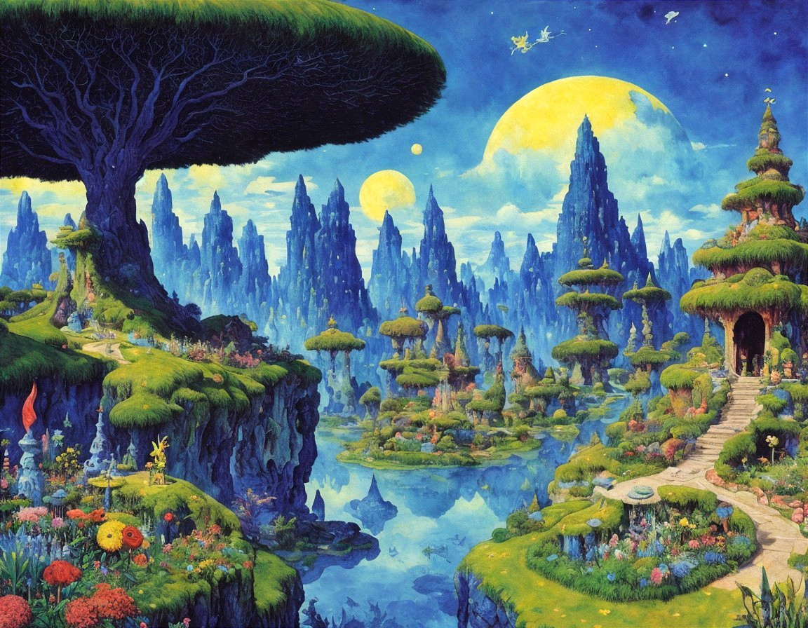 Fantastical Landscape with Mountains and Lush Greenery
