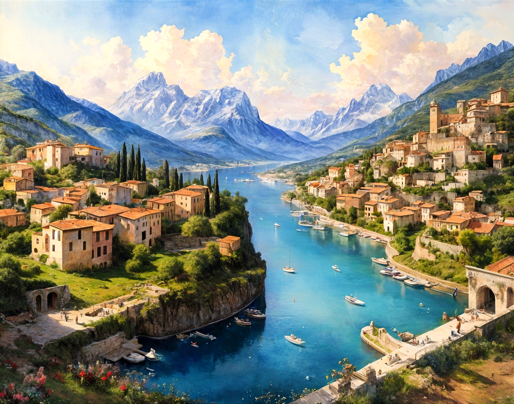 Serene River Landscape with Villages and Mountains