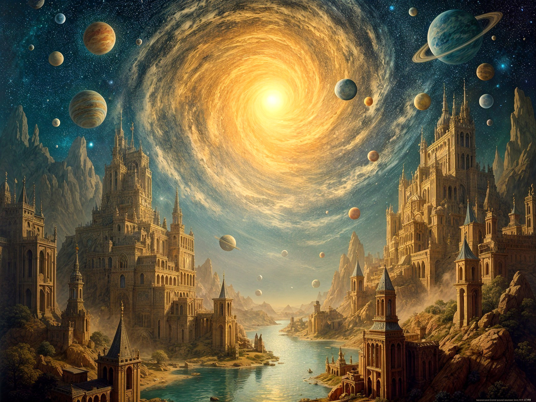 Cosmic Landscape with Galaxy and Majestic Castles