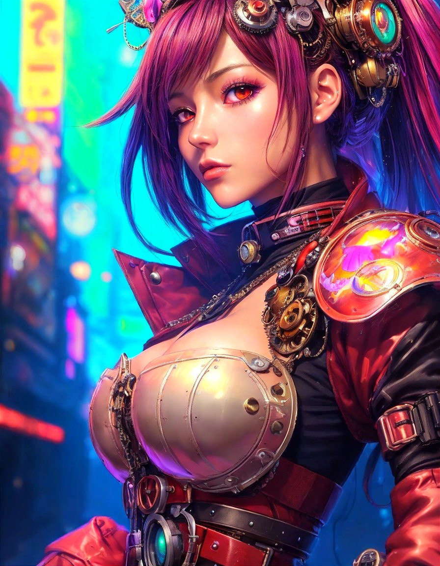 Futuristic Steampunk Character in Neon Cityscape