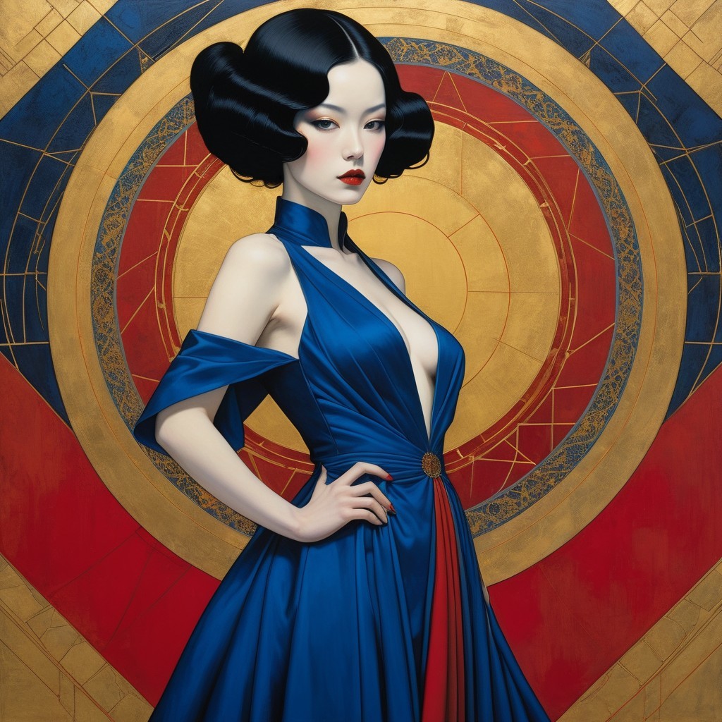 Elegant Woman in Blue Gown with Geometric Background