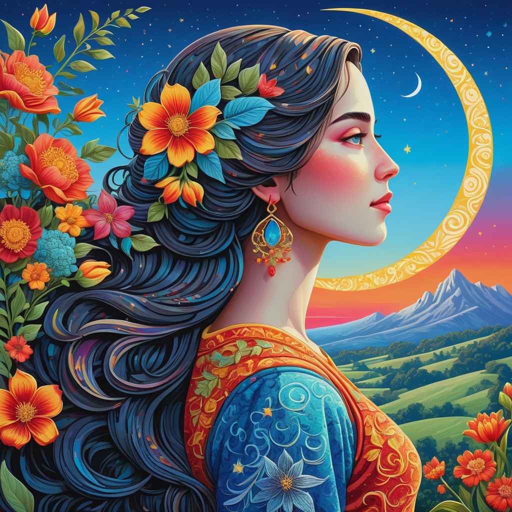 Woman Surrounded by Flowers in Twilight Landscape