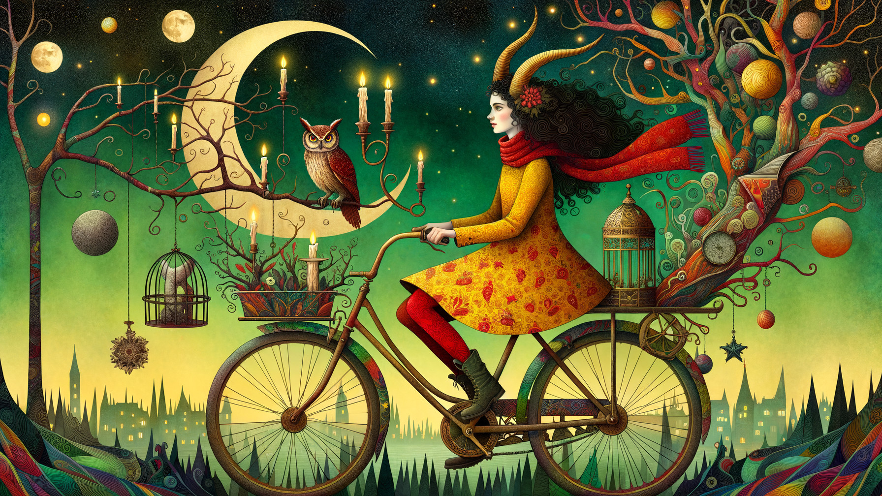Whimsical Illustration of a Woman on a Decorated Bicycle
