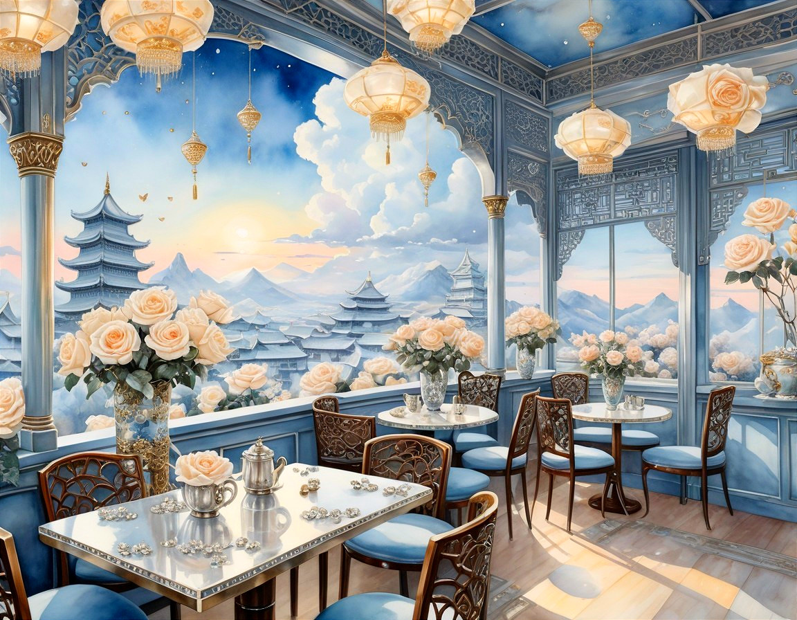 Elegant Cafe Interior with Blue Walls and Scenic Views