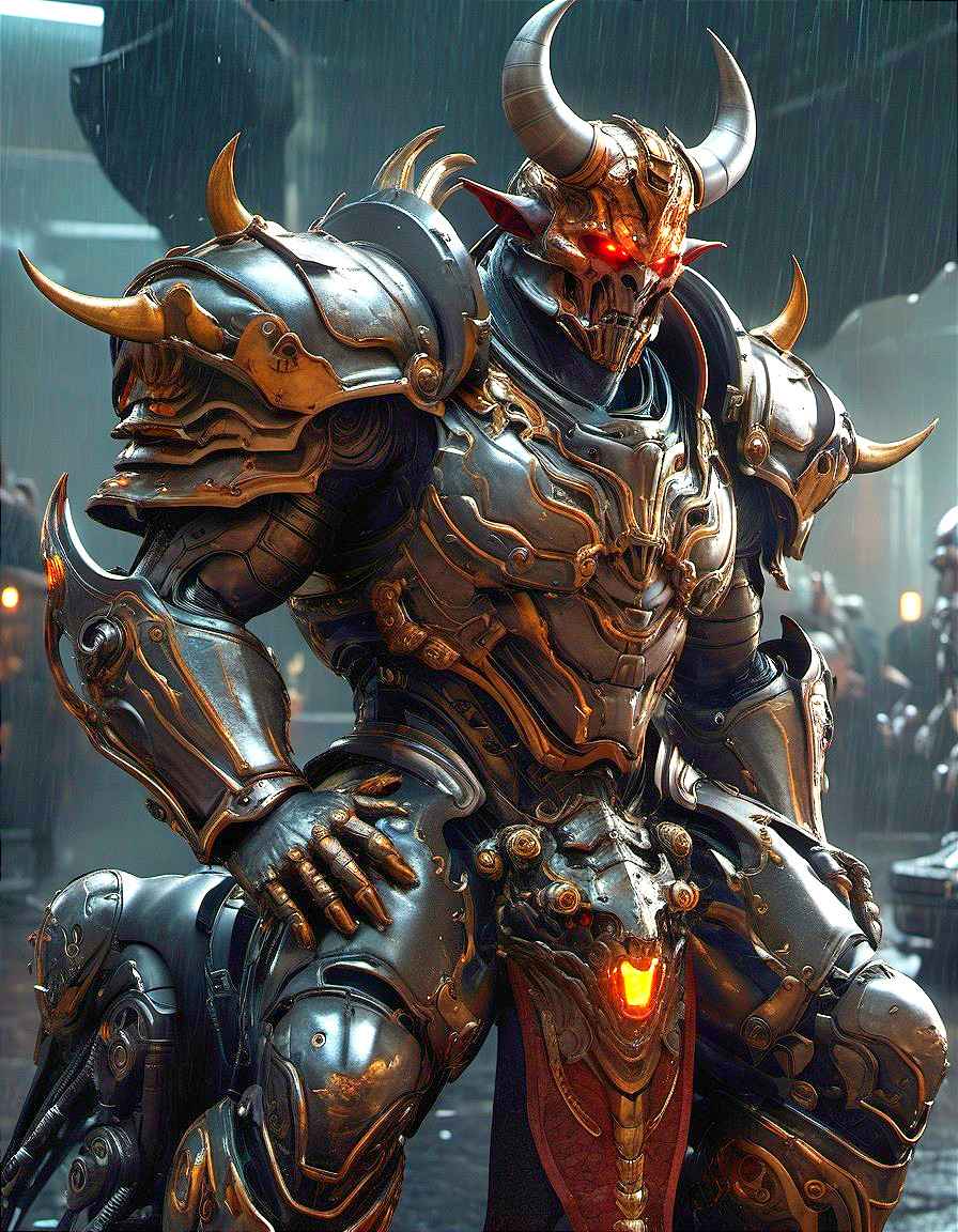 Armored Figure in Dark Metallic Environment with Rain