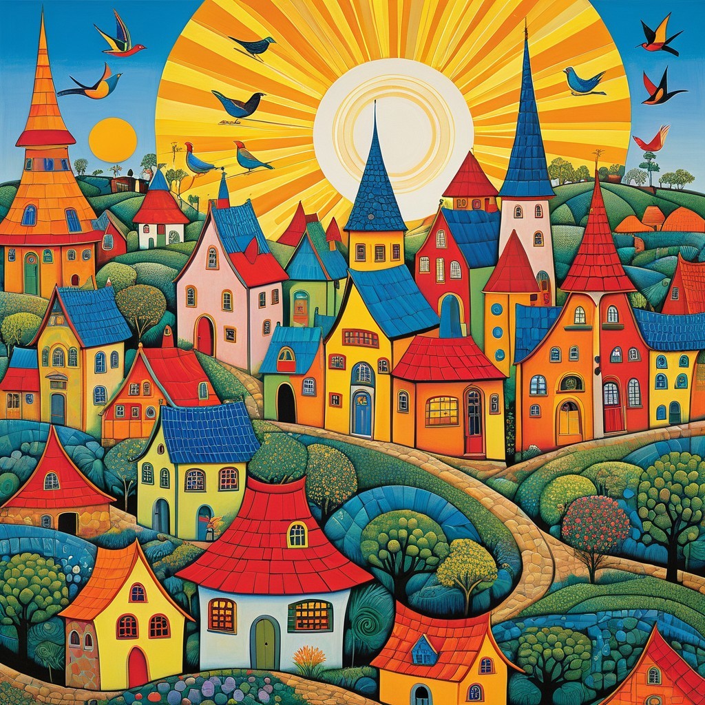 Whimsical Village Scene with Colorful Houses and Nature