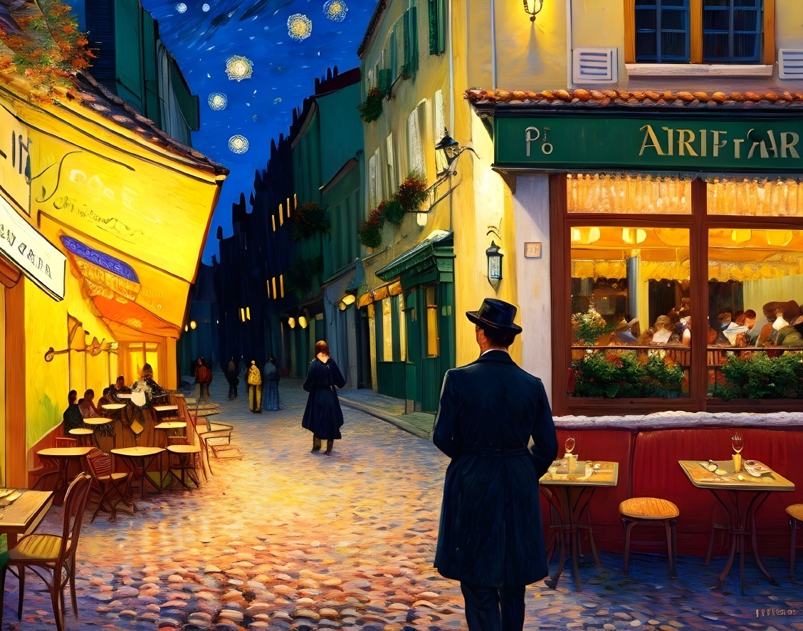 Twilight Street Scene with Yellow Buildings and Stars