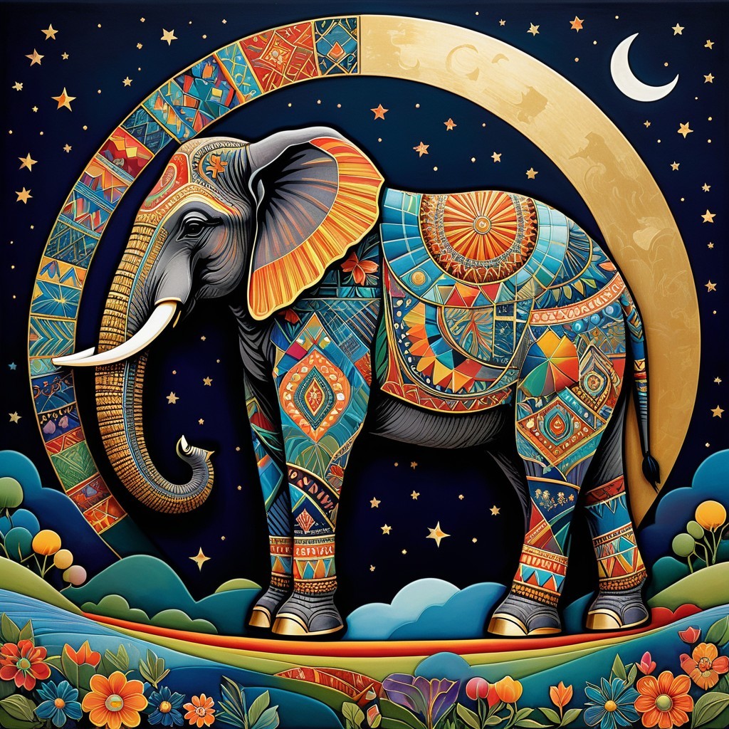 Vibrant Elephant Against Starry Night Sky with Flowers