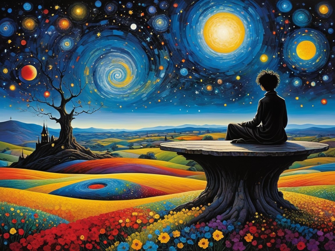 Serene figure on pedestal in cosmic landscape scene
