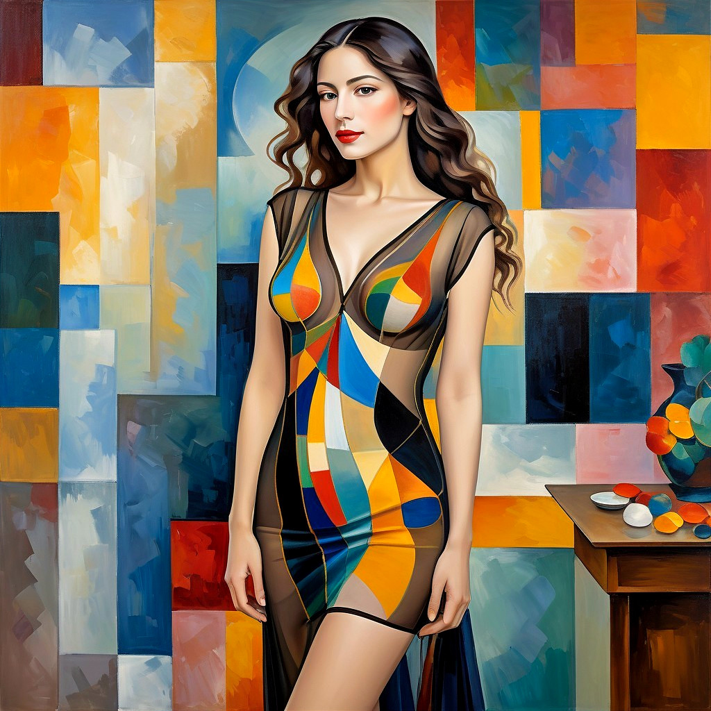 Confident Woman in Abstract Dress with Geometric Background