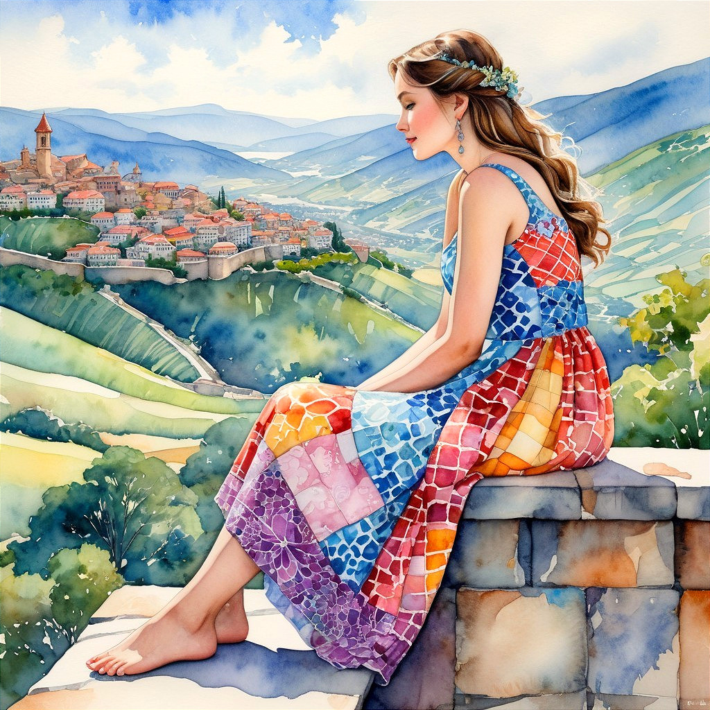 Watercolor Scene of Woman Overlooking Village Landscape
