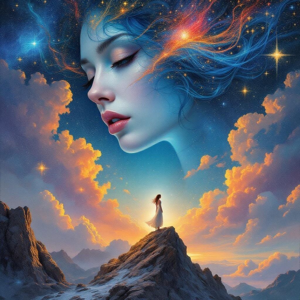 Surreal Scene of Woman with Flowing Hair and Starry Sky